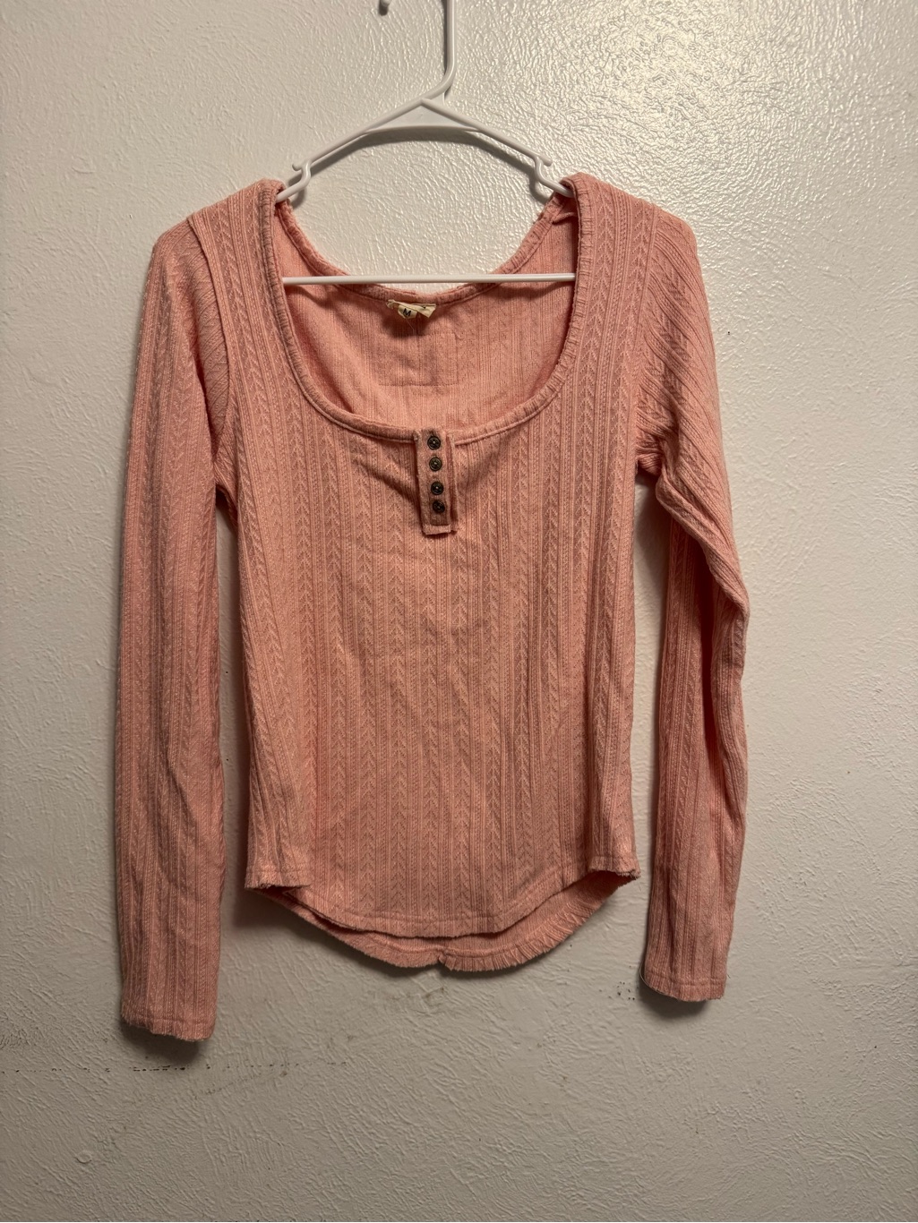 Pol Pink Long Sleeve Henley Top With Button Placket